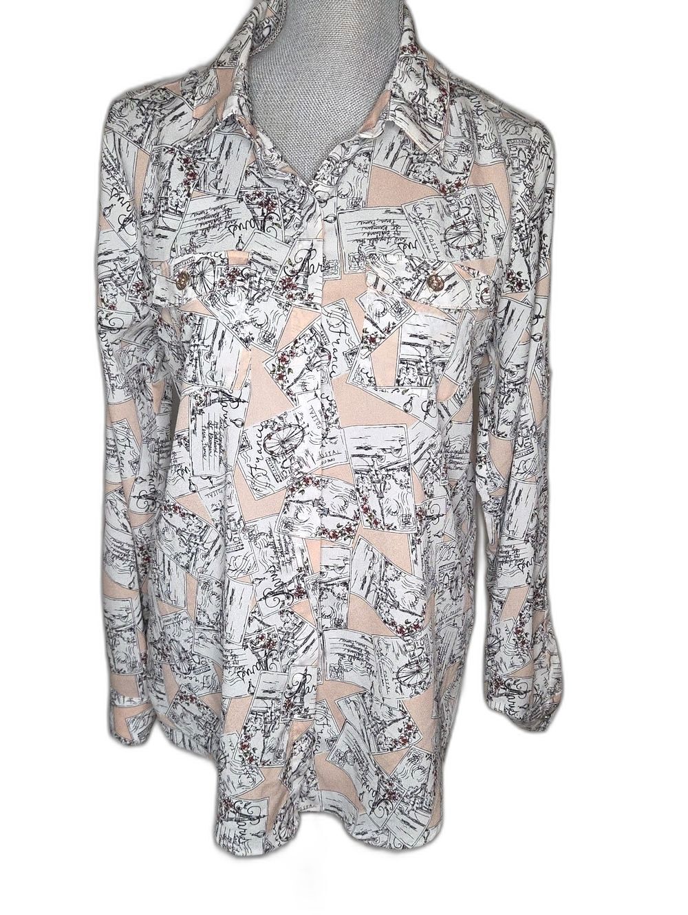 Karl Lagerfeld Pale Peach and White Travel Theme Print Button-Down Shirt Size M